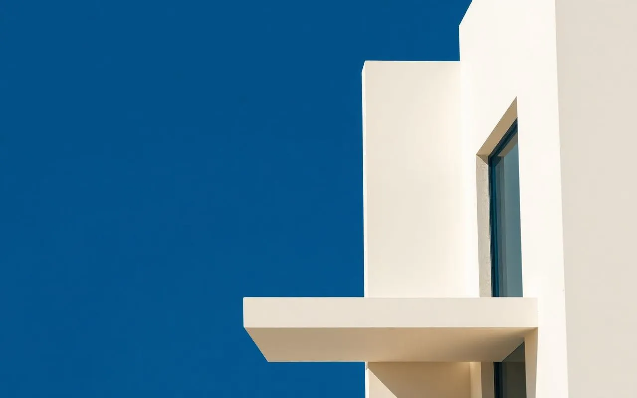 Architecture minimaliste blanche sur fond bleu profond