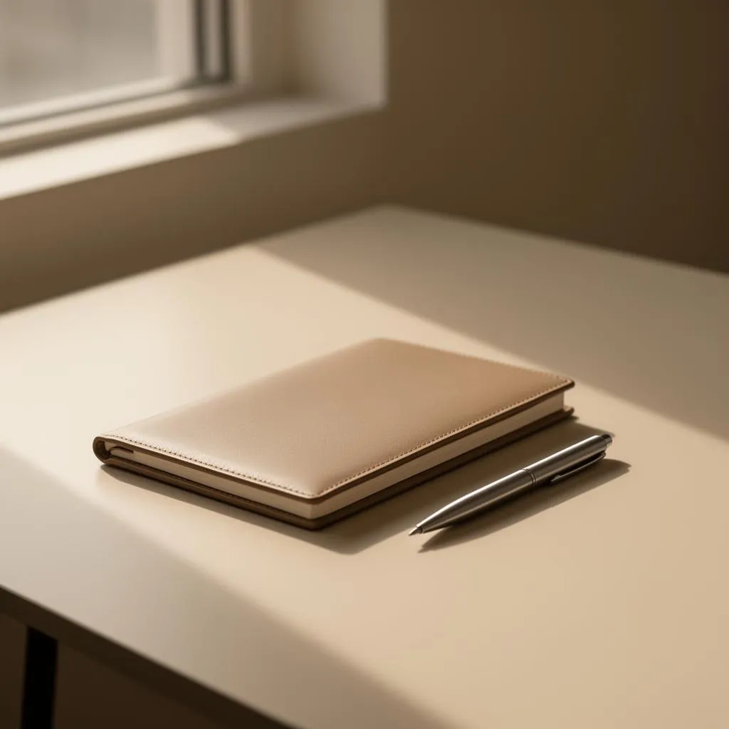Bureau minimaliste avec carnet et stylo, lumière douce du matin